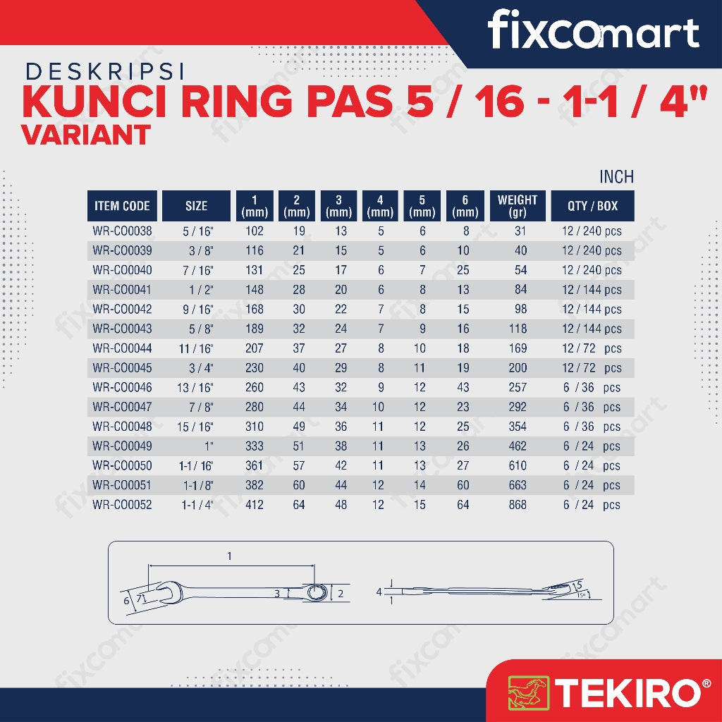Tekiro Kunci Ring Pas 5/8 Inch / Tekiro Kunci Pas Ring Inch