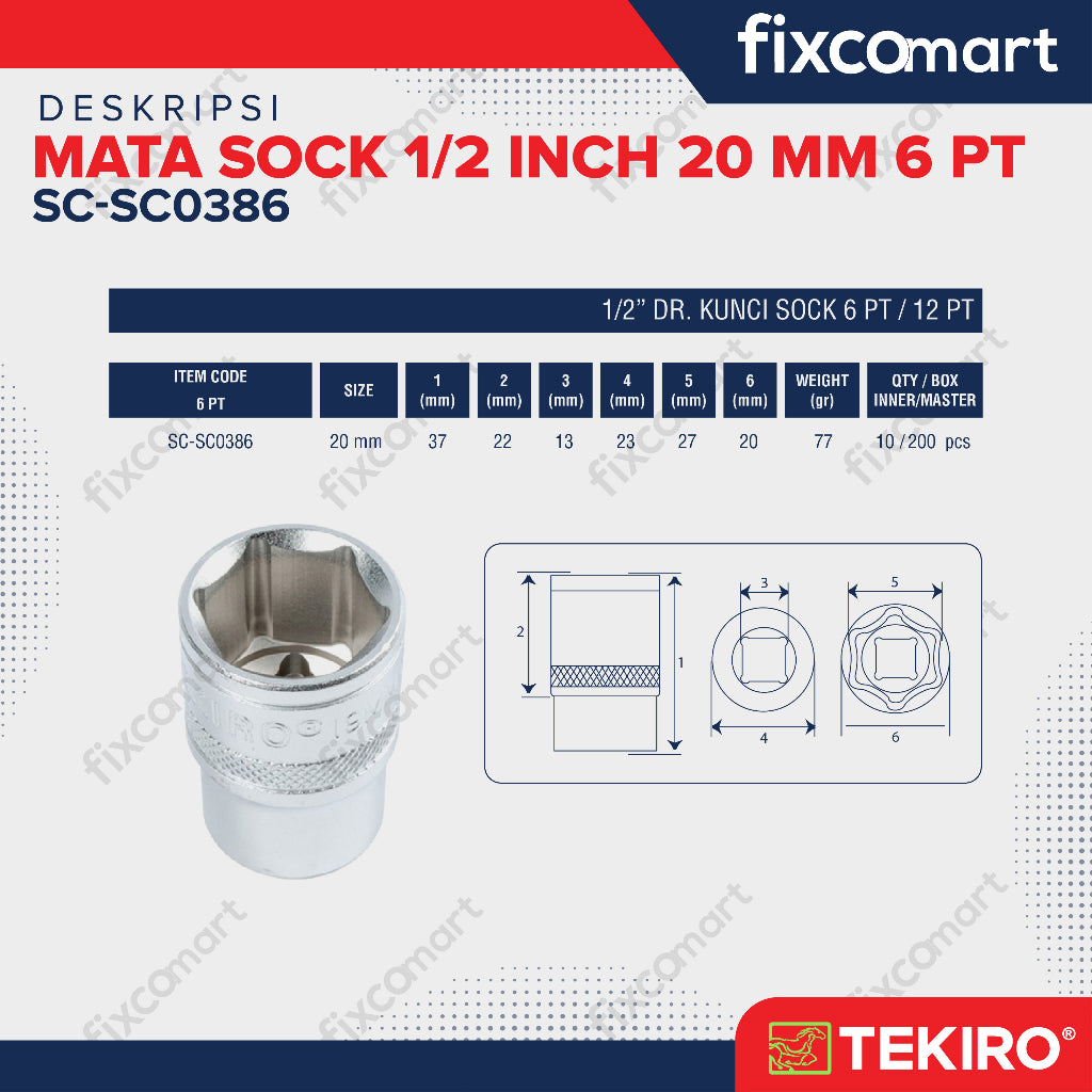 Tekiro Mata Sock 1/2 Inch 20 mm 6PT