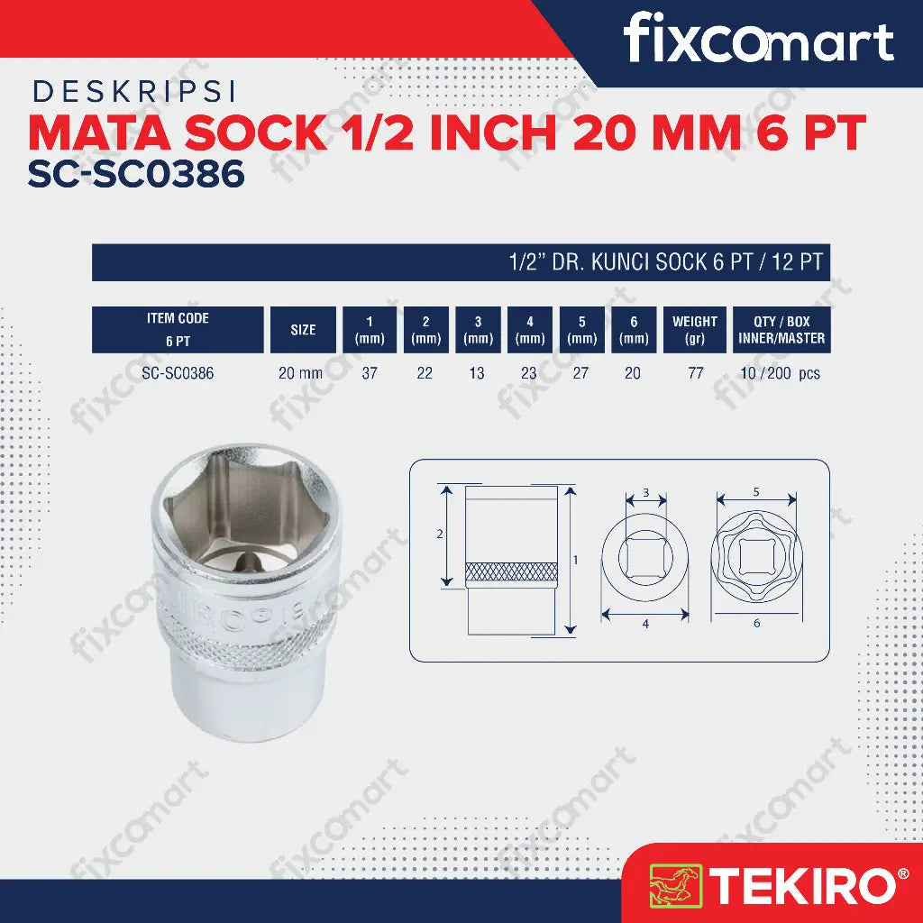 Tekiro Mata Sock 1/2 Inch 20 mm 6PT FIXCOMART