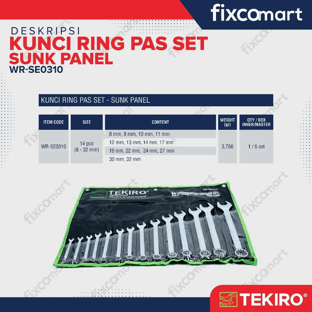 Tekiro Combination Wrench Set / Kunci Ring Pas Set 14 Pcs (8-32 Mm) Sunk Panel FIXCOMART