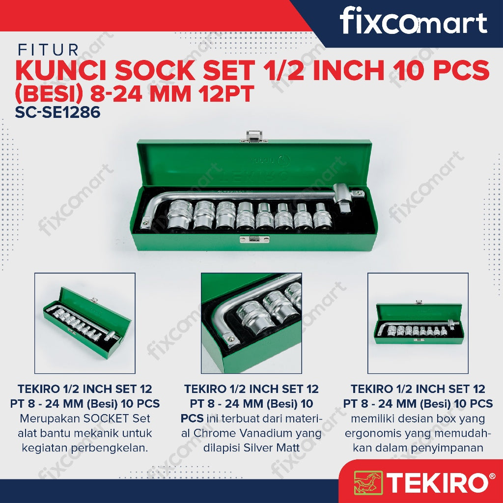 Tekiro Kunci Socket Set 1/2" 10 Pcs 8-24 Mm 12 Pt