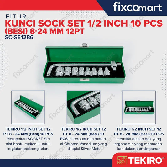 Tekiro Kunci Socket Set 1/2" 10 Pcs 8-24 Mm 12 Pt FIXCOMART