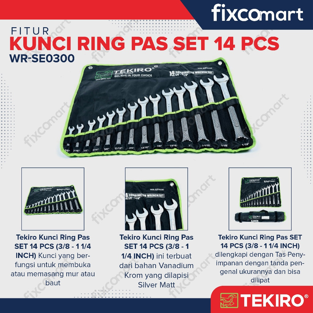 Tekiro Combination Wrench Set / Kunci Ring Pas Set 14 Pcs Inch (3/8" - 1 1/4")