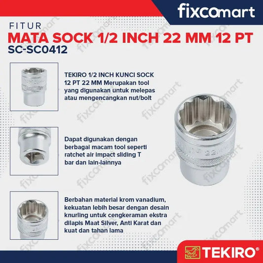 Tekiro Socket 1/2 inch 22 mm 12 PT FIXCOMART