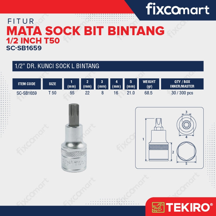 Tekiro Mata Sock Bit Bintang 1/2 Inch T50 - Tekiro Star Bit Socket
