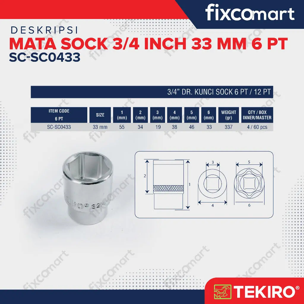 Tekiro Socket 3/4 Inch 33 mm 6 Pt / Mata Sock 3/4 Inch FIXCOMART