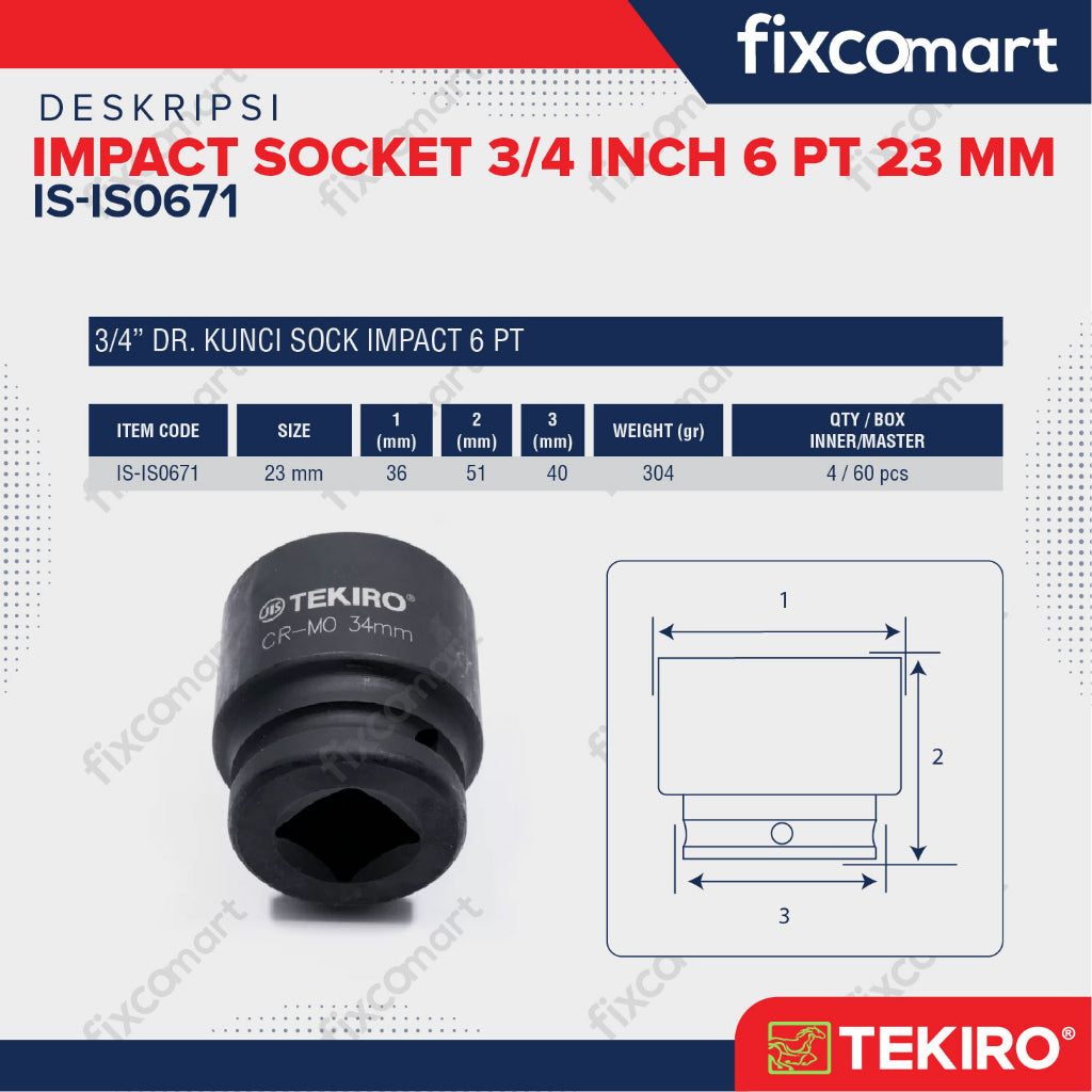 Tekiro Impact Socket 3/4 inch 6 PT 23 mm / mata sock impact