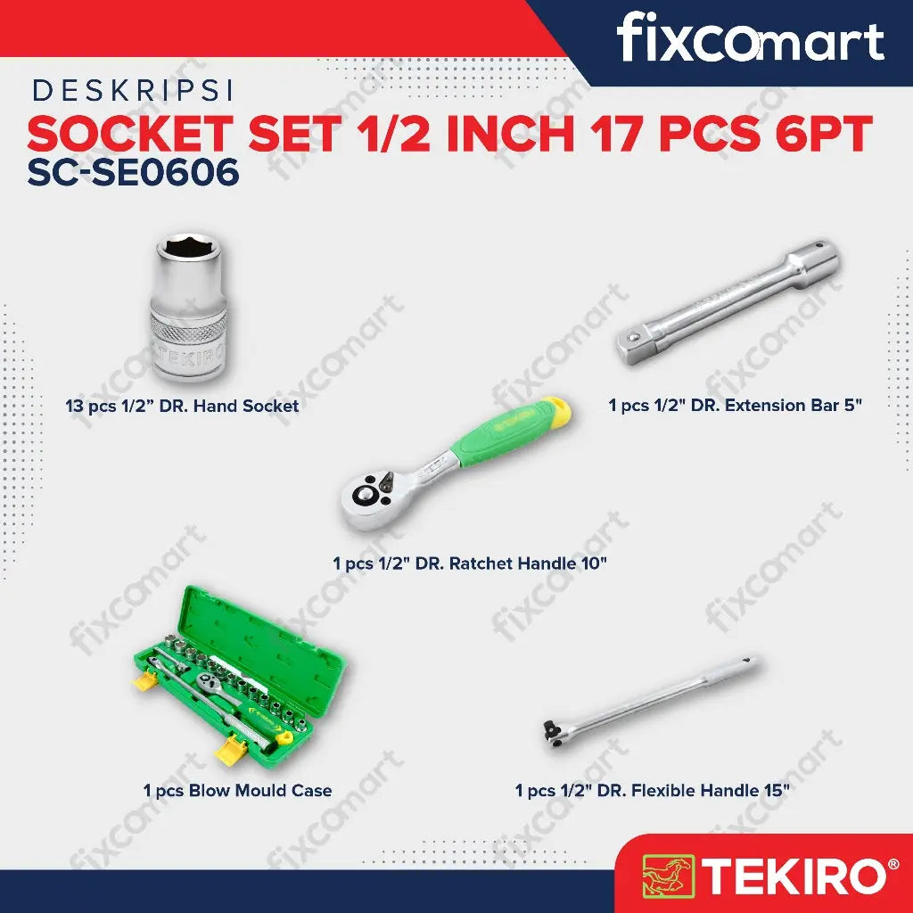Tekiro Socket Set 1/2 inch 17 Pcs 8-24 mm 6PT Box Plastik FIXCOMART