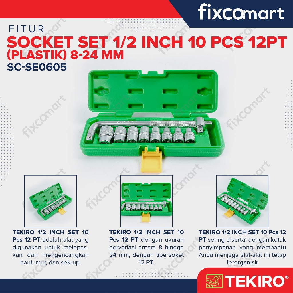 Tekiro Socket Set 1/2 Inch 10 Pcs 12Pt (8-24 Mm) Box Plastik