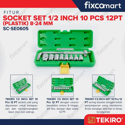 Tekiro Socket Set 1/2 Inch 10 Pcs 12Pt (8-24 Mm) Box Plastik FIXCOMART