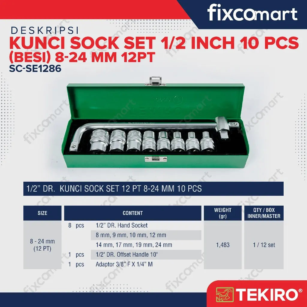 Tekiro Kunci Socket Set 1/2" 10 Pcs 8-24 Mm 12 Pt FIXCOMART