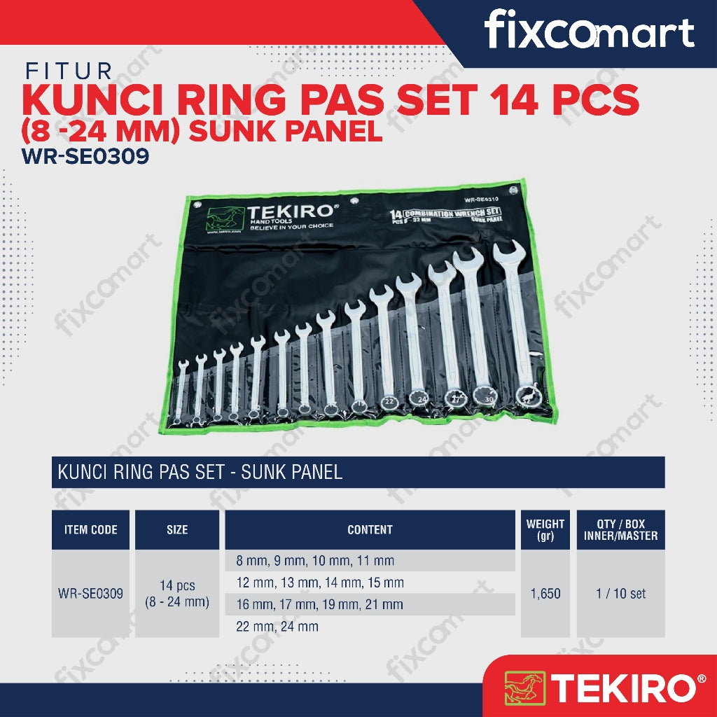 Tekiro Combination Wrench Set / Kunci Ring Pas Set Set 14 Pcs (8-24 Mm) Sunk Panel