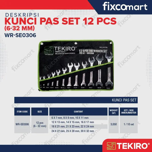 TEKIRO Open End Wrench / Kunci Pas Set 12 Pcs 6-32 mm FIXCOMART