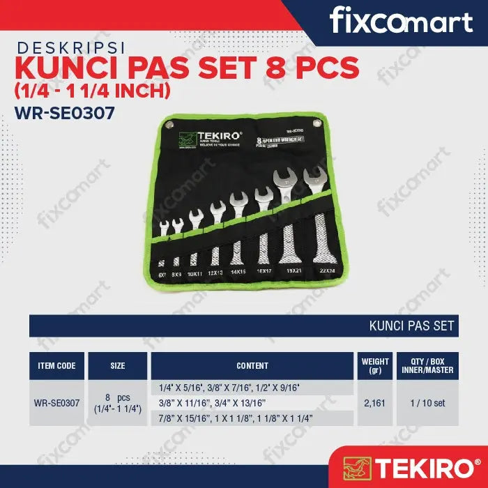 Tekiro Kunci Pas Set 8 Pcs (1/4" - 1 1/4") / Tekiro Kunci Pas Inch FIXCOMART