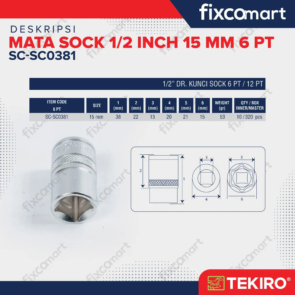 Tekiro Mata Sock 1/2 Inch 15 mm 6PT FIXCOMART
