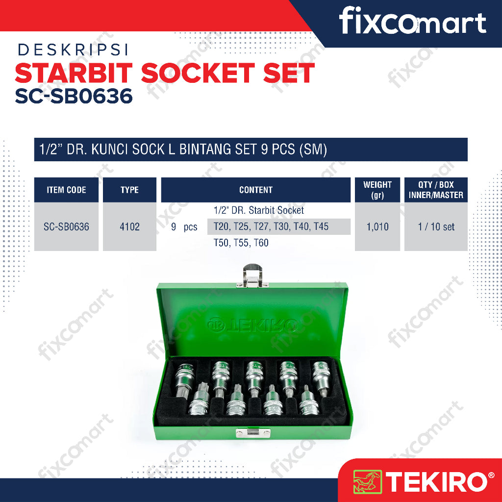 Tekiro Mata Sock L Bintang Set 1/2 Inch 9 Pcs (T20 - T60)/ Tekiro Starbit Socket Set