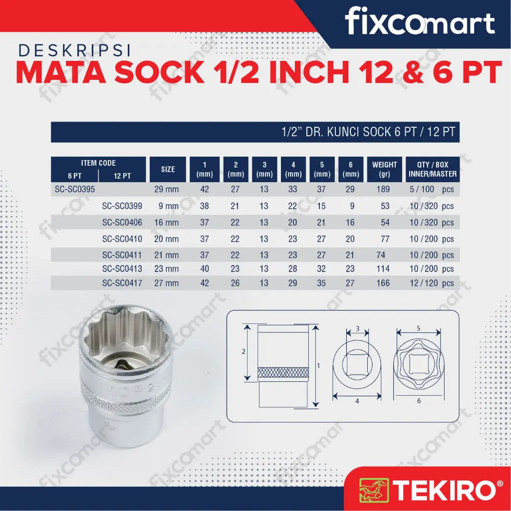 TEKIRO Mata Sock 1/2 Inch DR 6PT & 12 PT FIXCOMART