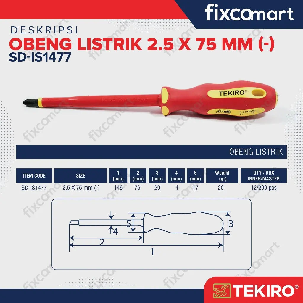 Tekiro Obeng Listrik (-) 2.3 X 75 Mm / Obeng Elektrik / Obeng Min FIXCOMART