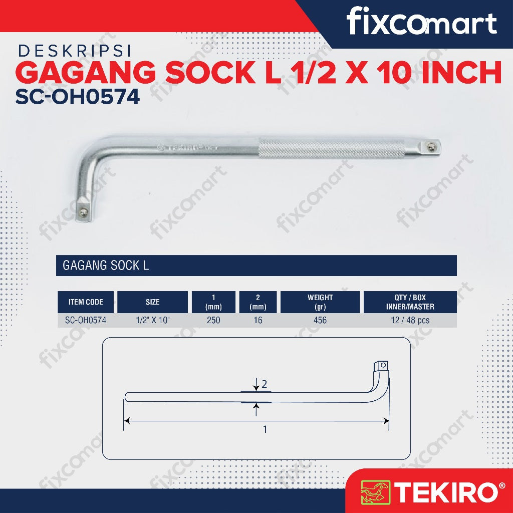 Tekiro Gagang Kunci Sock L Offset Handle Kunci Sok 1/2 Inch x 10 Inch