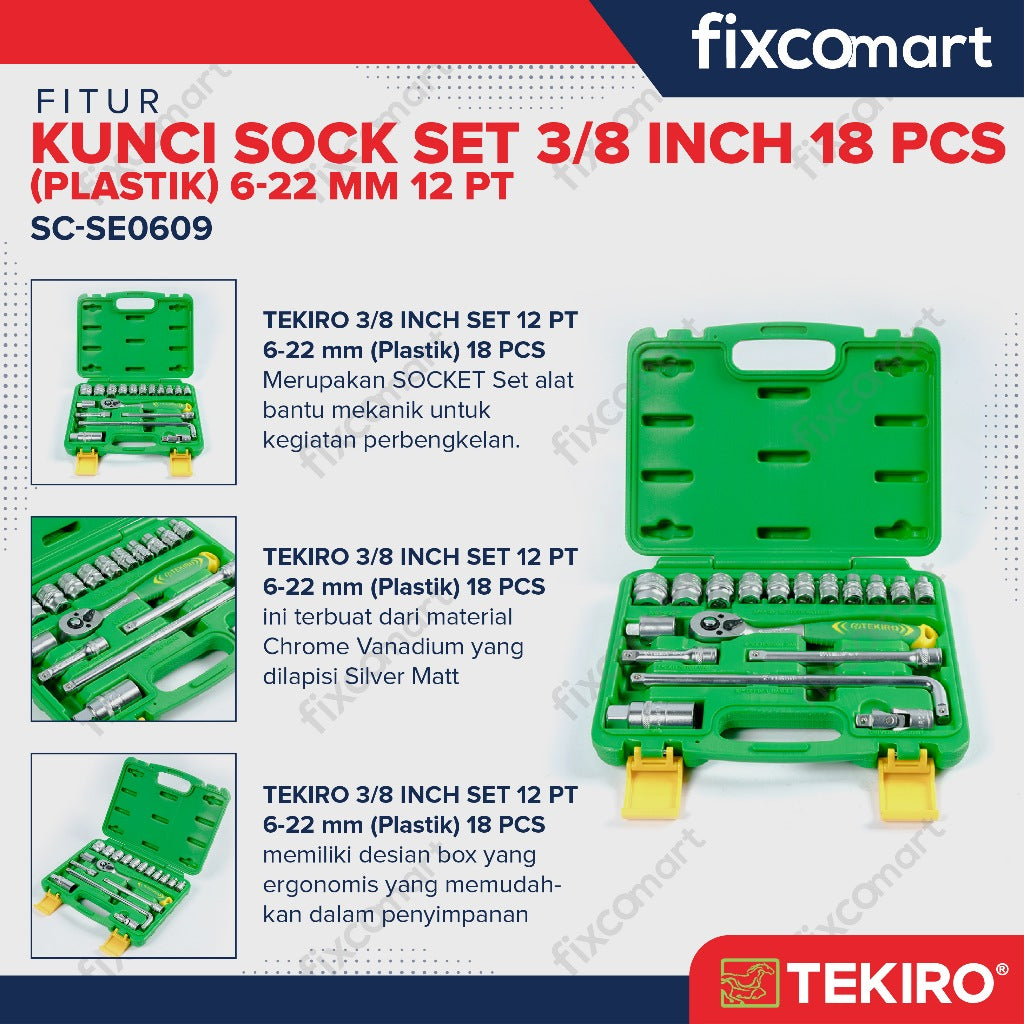 Tekiro Socket Set 18 Pcs 3/8 Inch (6-22 Mm) 12Pt Box Plastik / Tekiro Kunci Sock Set