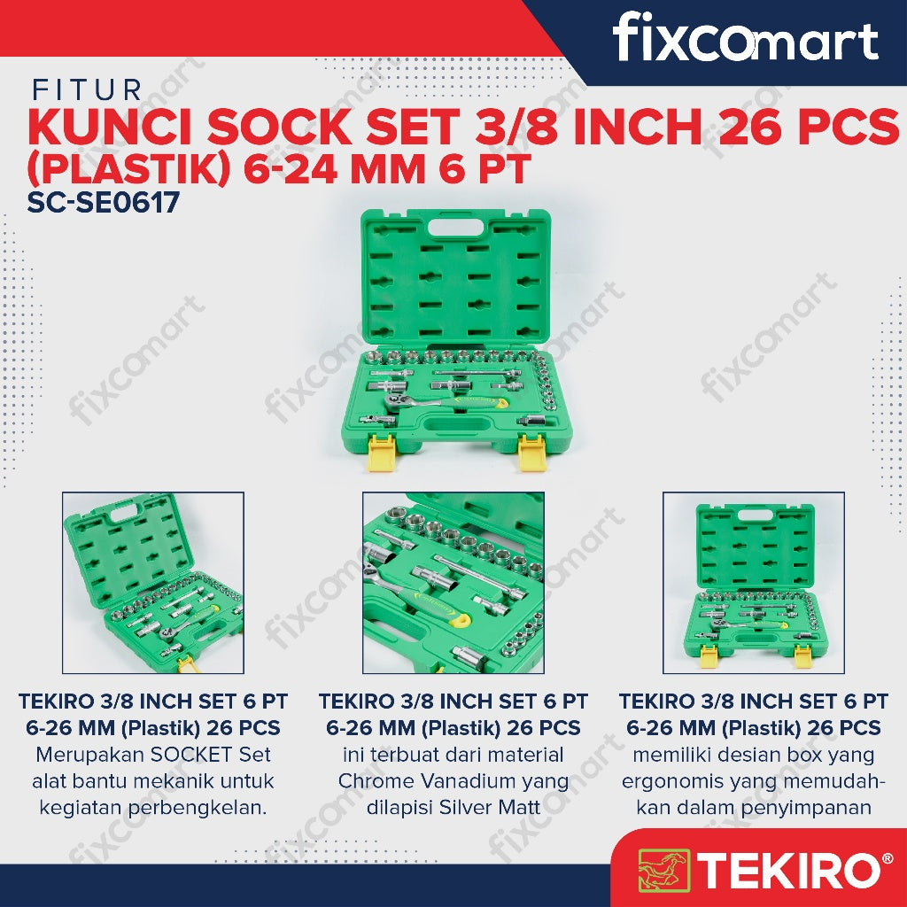 Tekiro Socket Set 26 Pcs 3/8 inch 6-24 mm 6PT Box Plastik