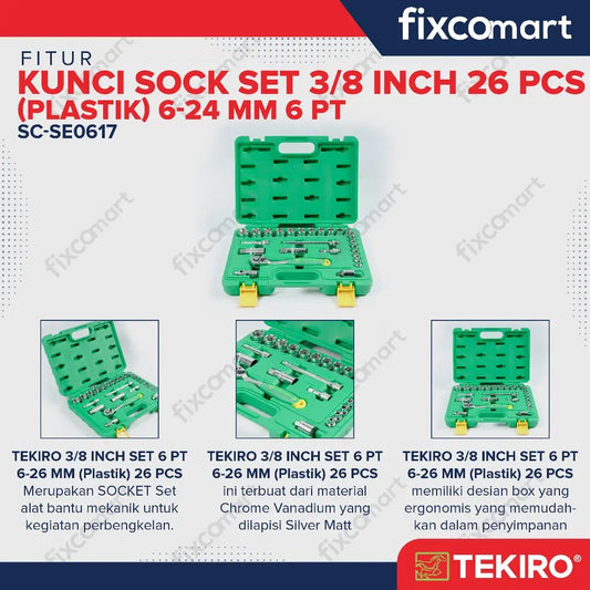 Tekiro Socket Set 26 Pcs 3/8 Inch 6-24 mm 6 Pt Box Plastik FIXCOMART