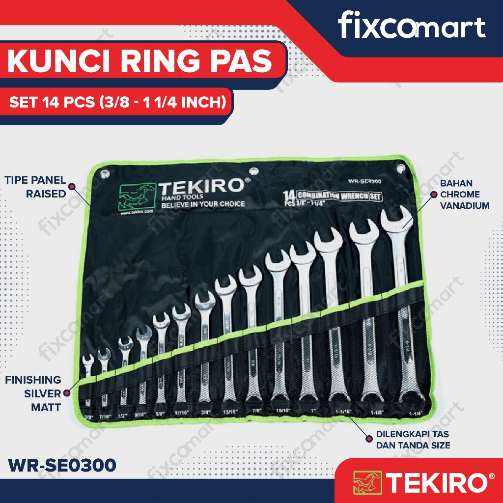 Tekiro Combination Wrench Set / Kunci Ring Pas Set 14 Pcs Inch (3/8" - 1 1/4")