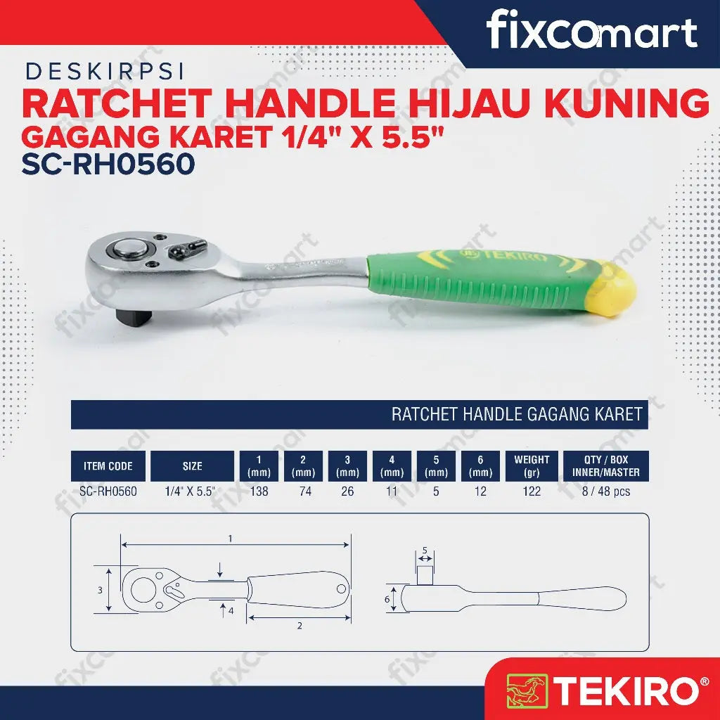 Tekiro Ratchet Handle Gagang Karet 1/4 X 5.5 Inch FIXCOMART