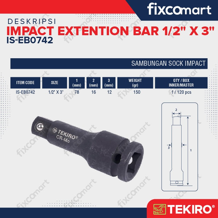 Tekiro Sambungan Sock Impact 1-2 X 3 Inch / Tekiro Extention Bar
