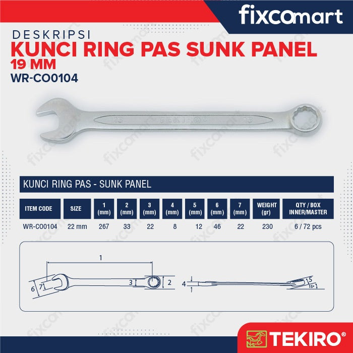 Tekiro Kunci Ring Pas Sunk Panel 19 mm - Combination Wrench