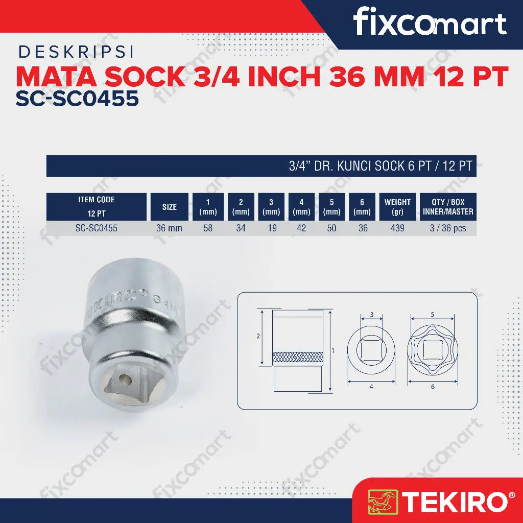 Tekiro Socket 3/4 inch 36 mm 12 PT / Mata Sock 3/4 Inch FIXCOMART
