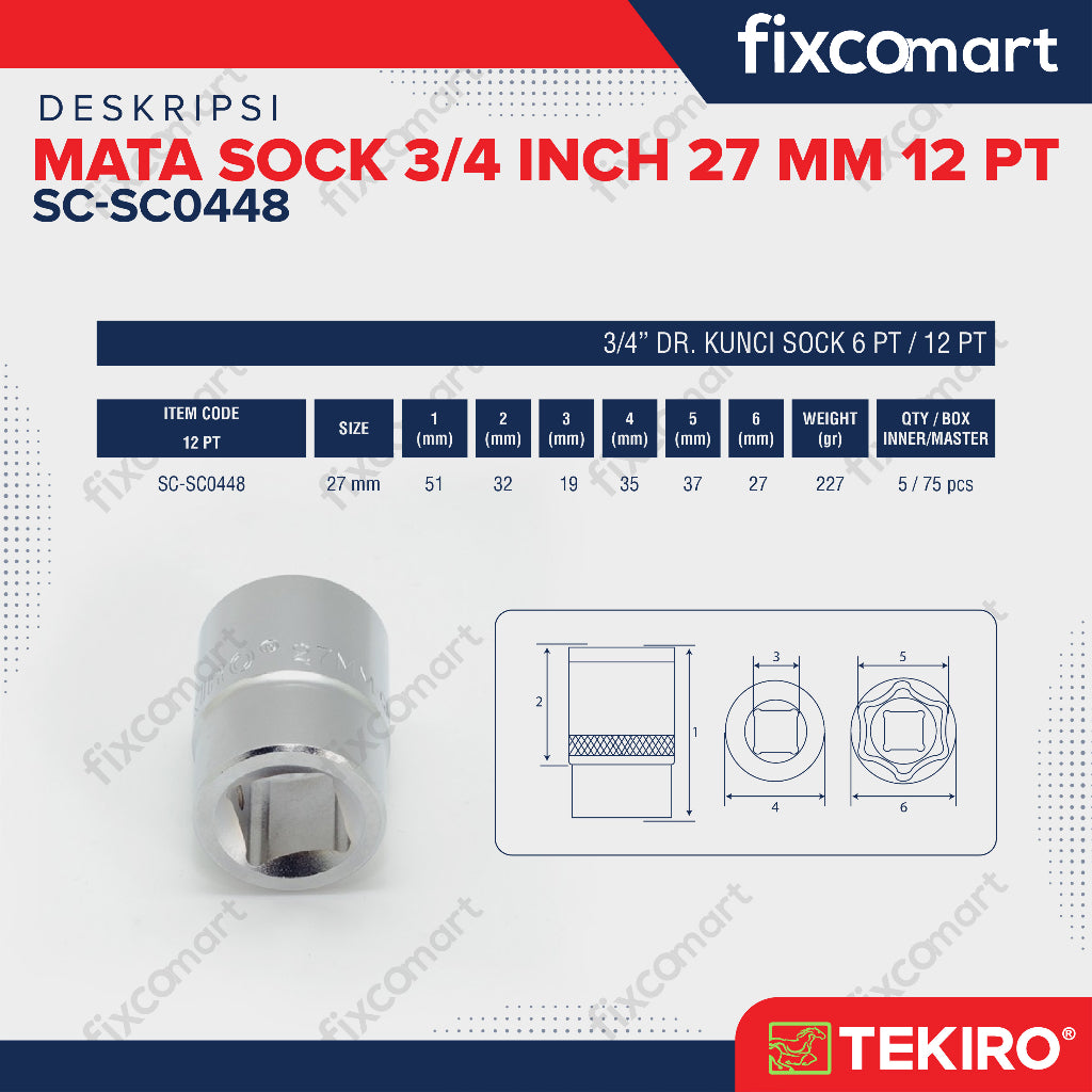 Tekiro Socket 3/4 inch 27 mm 12 PT / Mata Sock 3/4 Inch
