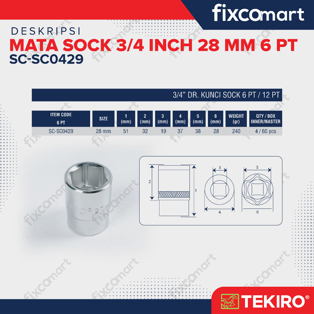 Tekiro Socket 3/4 inch 28 mm 6 PT / Mata Sock 3/4 Inch