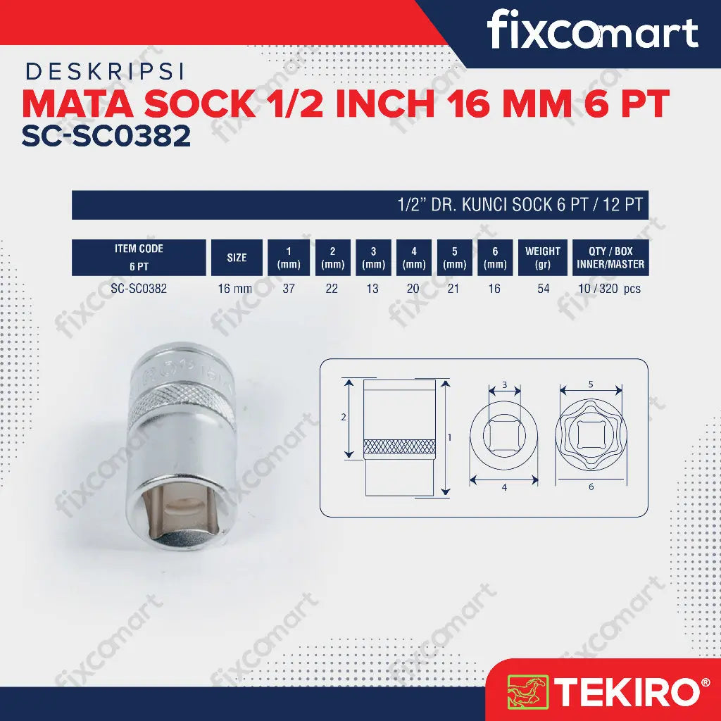 Tekiro Mata Sock 1/2 Inch 16 mm 6PT FIXCOMART