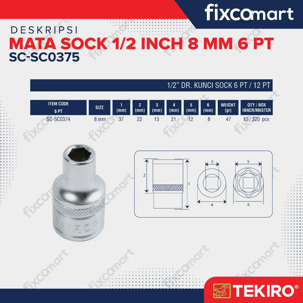 Tekiro Mata Sock 1/2 Inch 8 mm 6PT FIXCOMART