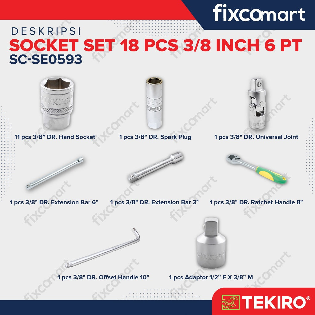 Tekiro Socket Set 18 Pcs 3/8 inch 6-22 mm 6PT / Sock Set