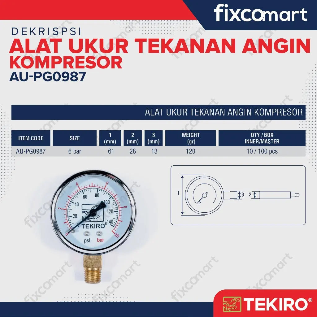 Alat Ukur Tekanan Ban Tekiro / Pressure Gauge 6 Bar FIXCOMART