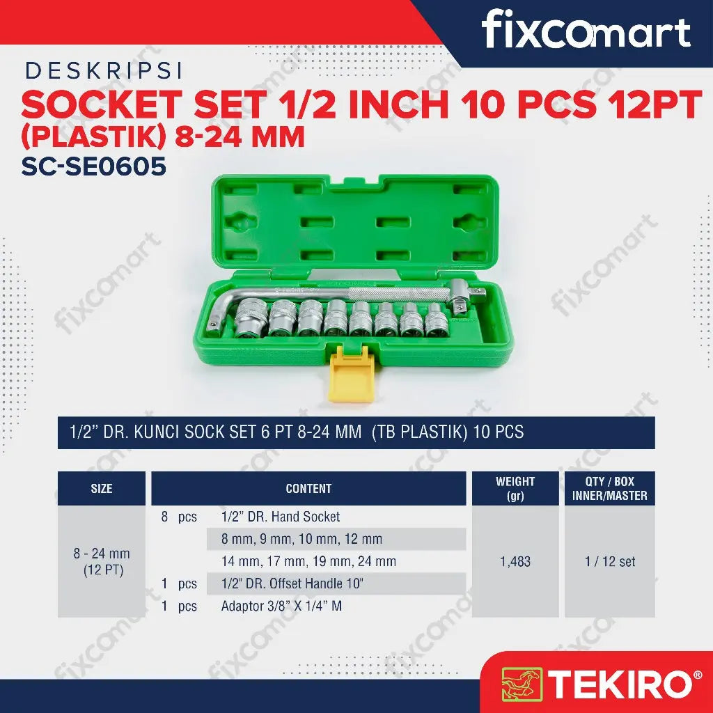Tekiro Socket Set 1/2 Inch 10 Pcs 12Pt (8-24 Mm) Box Plastik FIXCOMART
