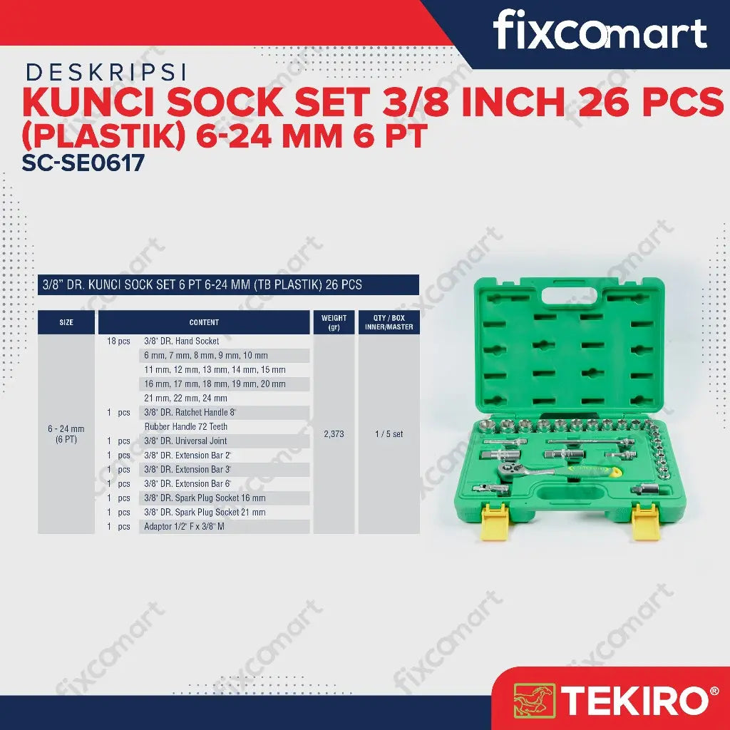 Tekiro Socket Set 26 Pcs 3/8 Inch 6-24 mm 6 Pt Box Plastik FIXCOMART