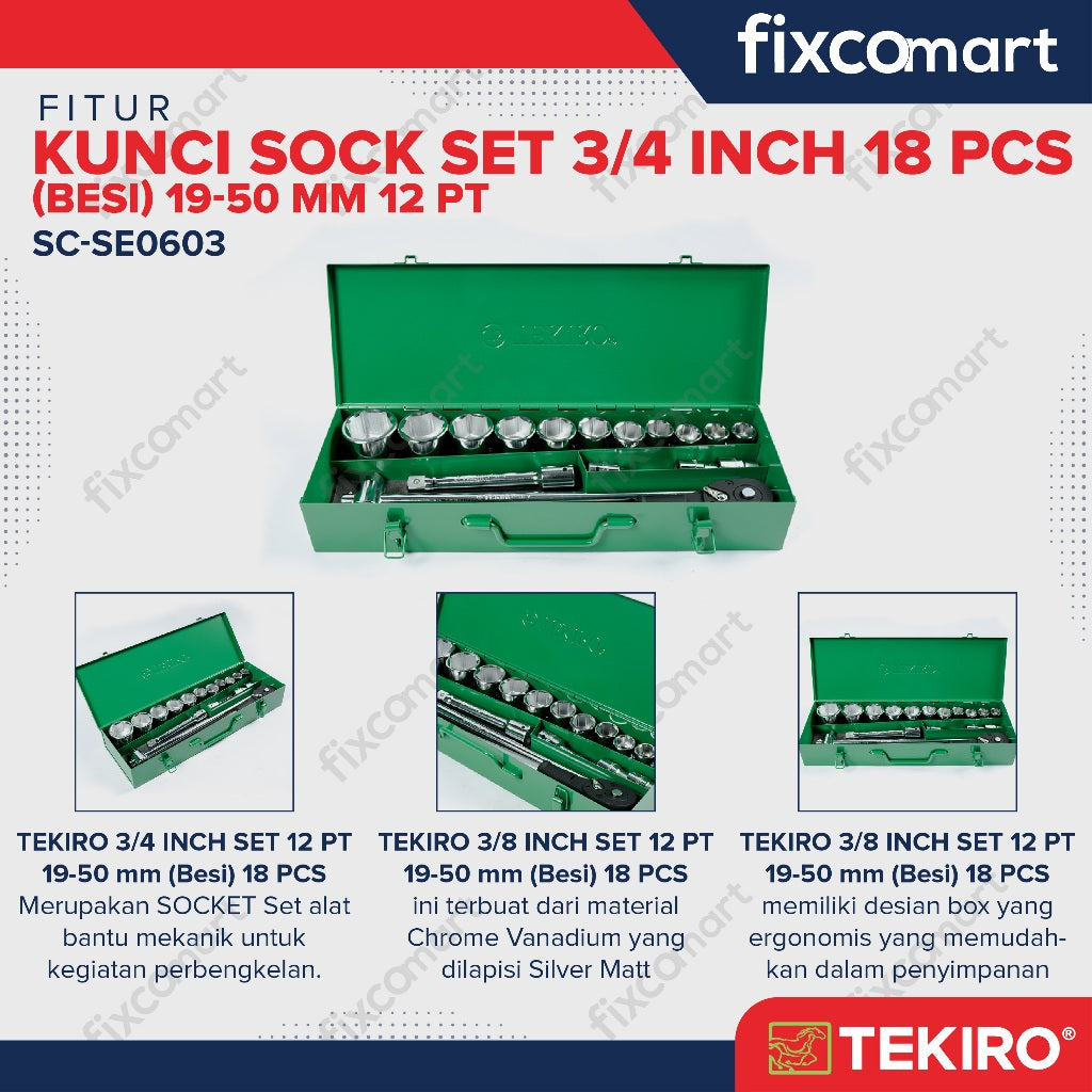 Tekiro Socket Set 3/4 Inch 18 Pcs (19-50 Mm) 12Pt / Tekiro Kunci Sock Set