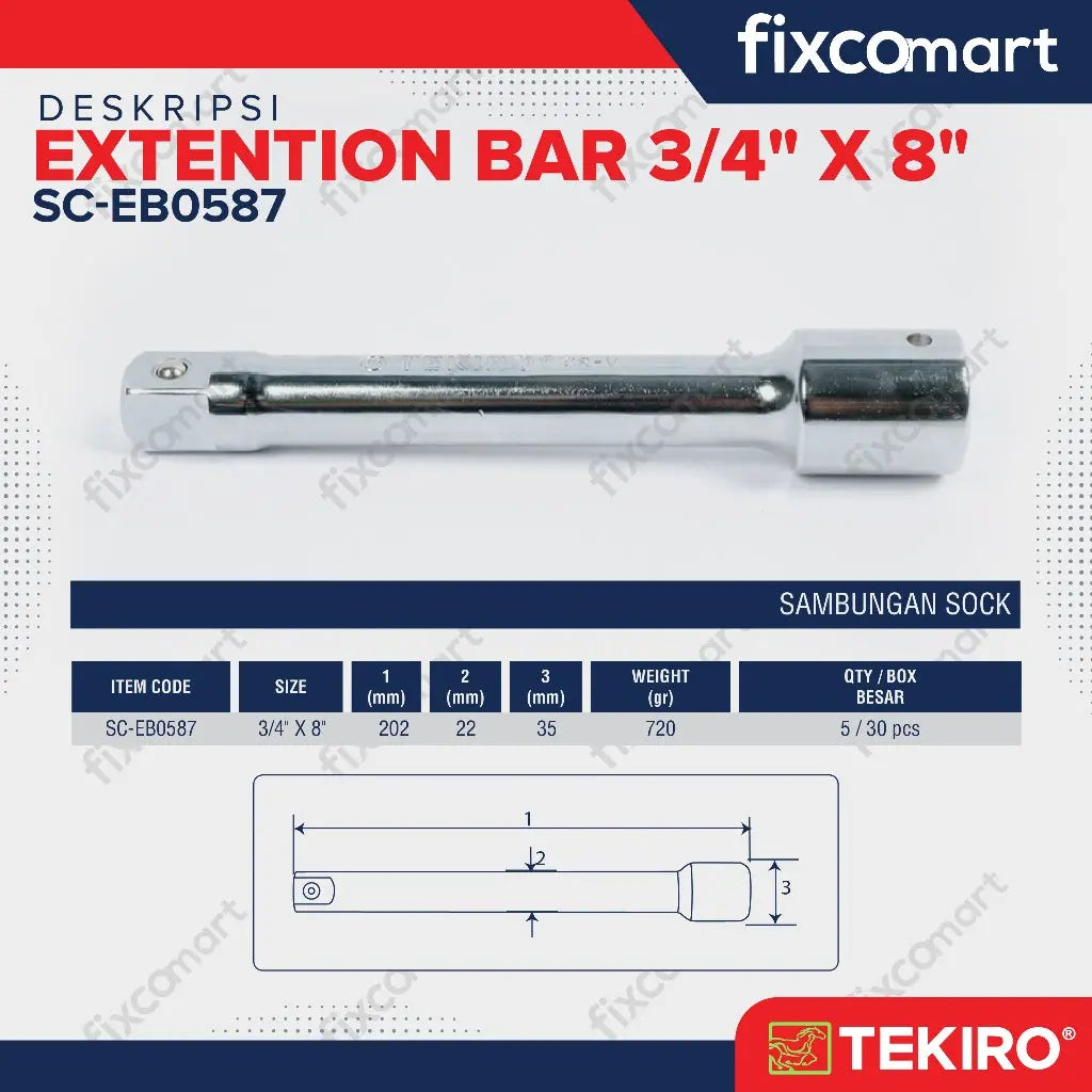 Tekiro Extention Bar 3/4 X 8 Inch / Tekiro Sambungan Sock FIXCOMART