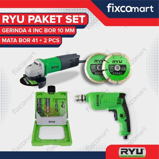 RYU Paket Murah Set Gerinda 4 Inc & Bor 10 mm gratis mata bor 41 dan mata gerinda 2 Pcs