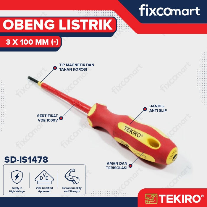 Tekiro Obeng Listrik (-) 3 X 100 mm / Tekiro Obeng Min / Obeng Plat