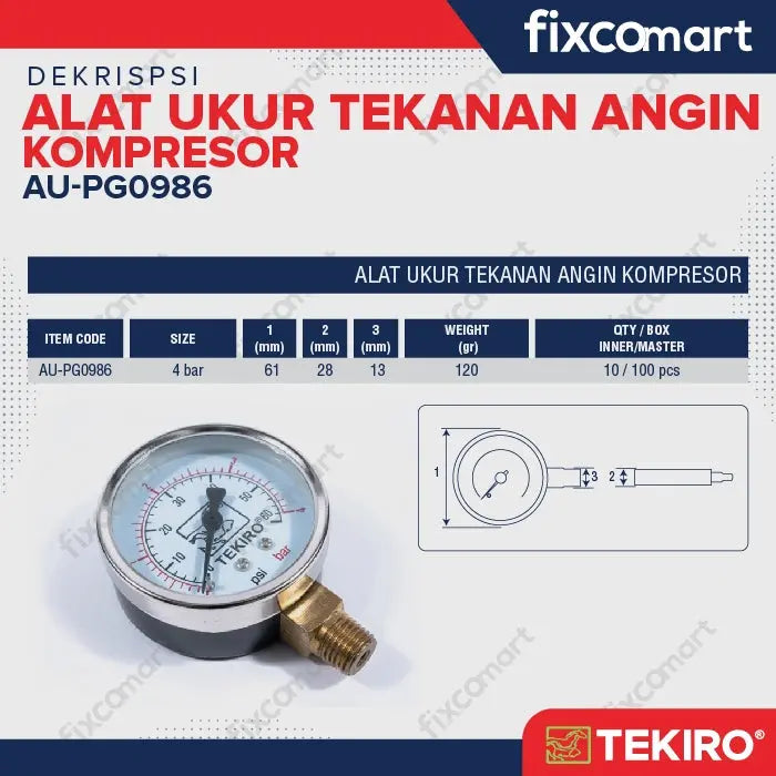 Tekiro Alat Ukur Tekanan Ban 4 Bar / Pressure Gauge FIXCOMART