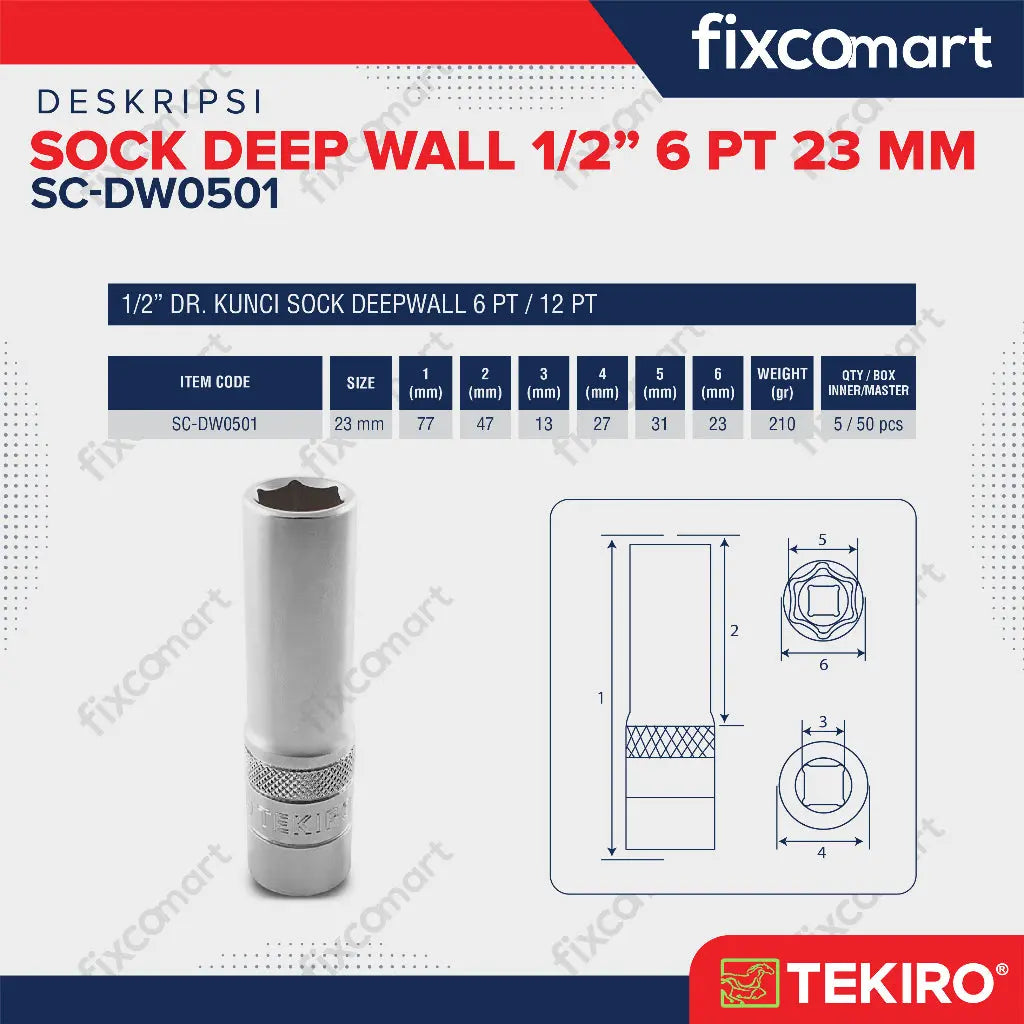 TEKIRO Sock Deep Wall / Mata Sock Panjang 1/2 Inch 6 PT - 23 mm FIXCOMART