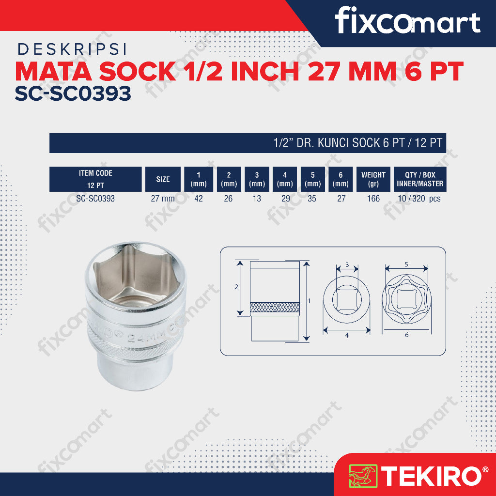 Tekiro Mata Sock 1/2 Inch 27 mm 6PT