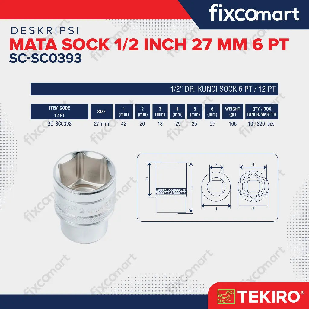 Tekiro Mata Sock 1/2 Inch 27 mm 6PT FIXCOMART