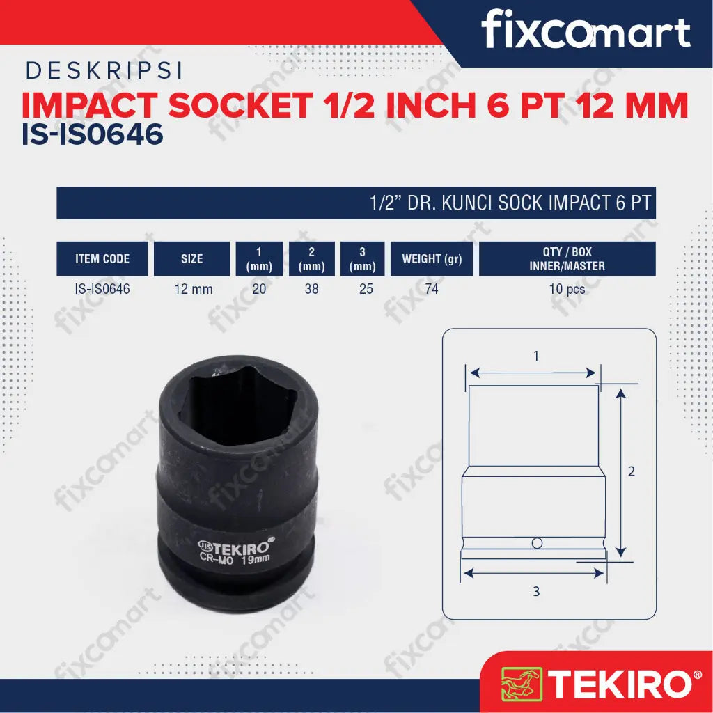 Tekiro Impact Socket 1/2 inch 6 PT 12 mm / mata sock impact FIXCOMART
