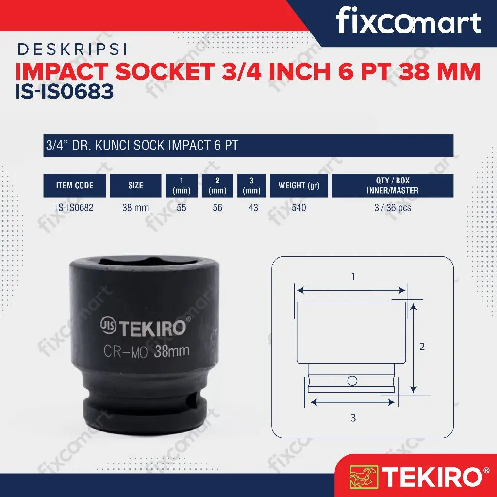 Tekiro Impact Socket 3/4 inch 6 PT 38 mm FIXCOMART