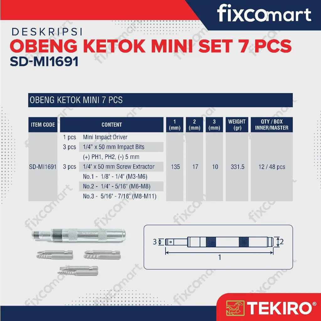 Tekiro Obeng Ketok Set 7 Pcs Mini / Tekiro Obeng Ketok Mini Set FIXCOMART